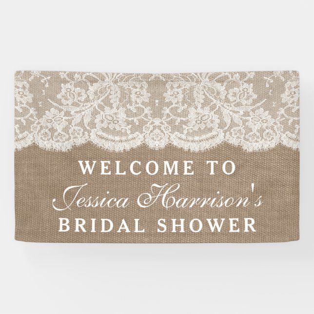 Rustic Burlap & Vintage White Lace Bridal Shower Banner (Horizontal)