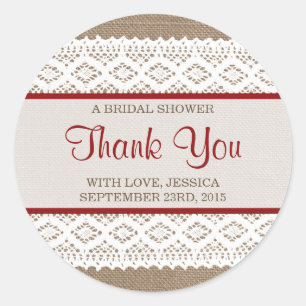 Rustic Burlap & Vintage White Lace Bridal Shower Classic Round Sticker