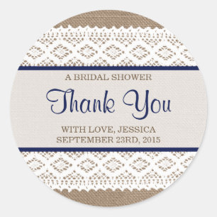 Rustic Burlap & Vintage White Lace Bridal Shower Classic Round Sticker