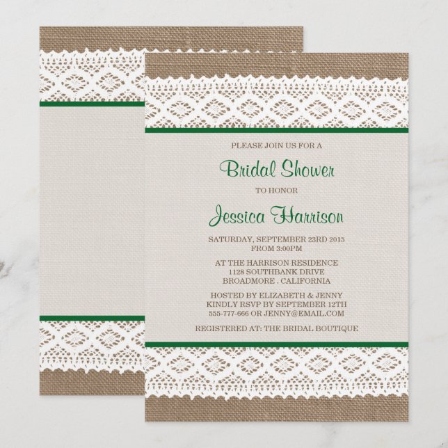 Rustic Burlap & Vintage White Lace Bridal Shower Invitation (Front/Back)