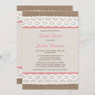 Rustic Burlap & Vintage White Lace Bridal Shower Invitation
