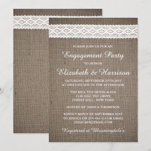 Rustic Burlap, Vintage White Lace Engagement Party Invitation