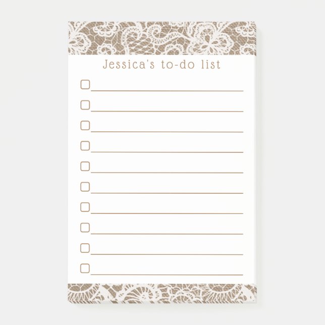 Rustic Burlap & Vintage White Lace Post-it Notes (Front)