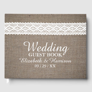 Rustic Burlap & Vintage White Lace Wedding Guest Book