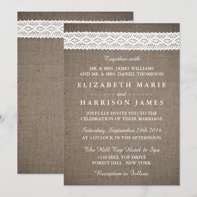 Rustic Burlap & Vintage White Lace Wedding Invitation (Front/Back)