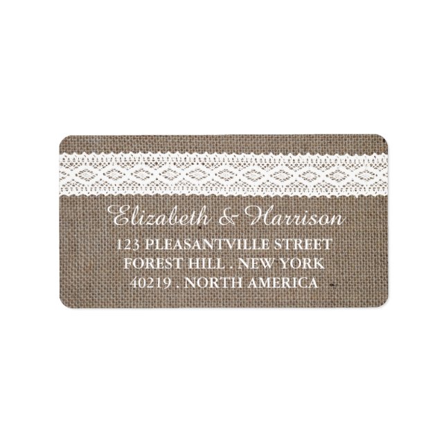 Rustic Burlap & Vintage White Lace Wedding Label (Front)