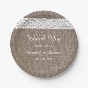 Rustic Burlap & Vintage White Lace Wedding Paper Plate