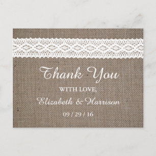 Rustic Burlap & Vintage White Lace Wedding Postcard