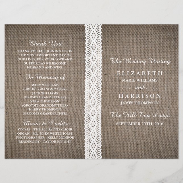 Rustic Burlap & Vintage White Lace Wedding Program (Front)