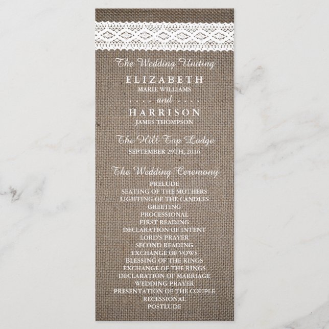 Rustic Burlap & Vintage White Lace Wedding Program (Front)
