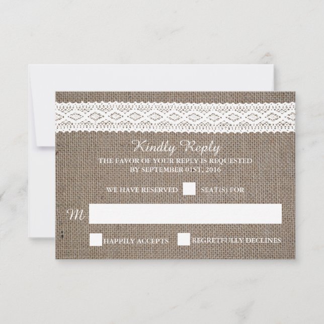 Rustic Burlap & Vintage White Lace Wedding RSVP Card (Front)