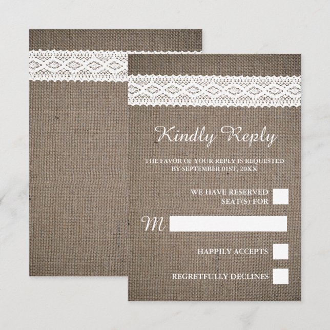 Rustic Burlap & Vintage White Lace Wedding RSVP Card (Front/Back)