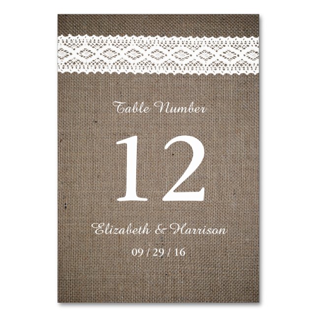 Rustic Burlap & Vintage White Lace Wedding Table Number (Front)