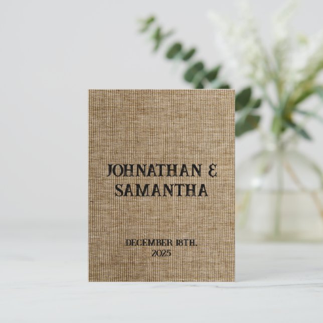 Rustic Burlap Wedding Announcement Postcard (Standing Front)