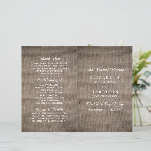 Rustic Burlap Wedding Bi-fold Program Template (Standing Front)