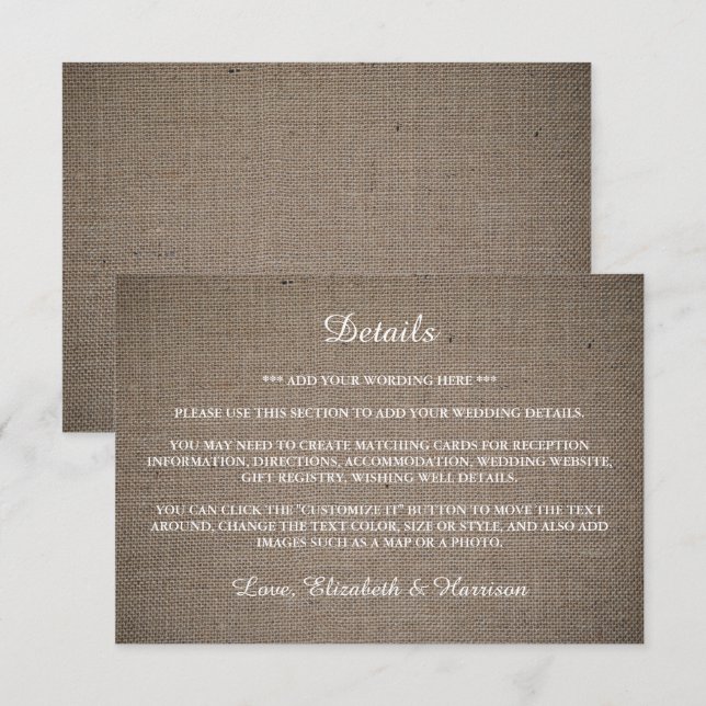 Rustic Burlap Wedding Detail Enclosure Card (Front/Back)