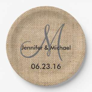 Rustic Burlap Wedding Monogram Names Date Paper Plate