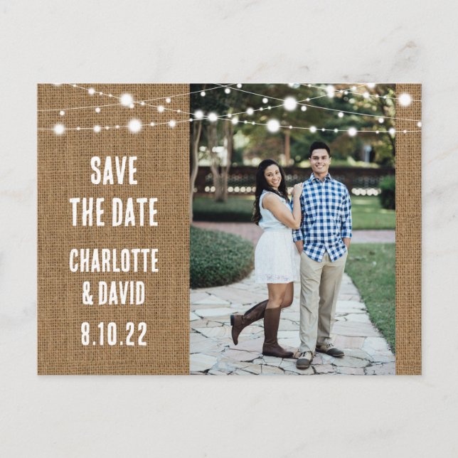 Rustic Burlap Wedding Save The Date Photo Postcard (Front)