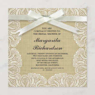 rustic burlap white lace & bow bridalshower invite