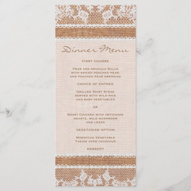 Rustic Burlap & White Lace Slim Dinner Menu (Front)