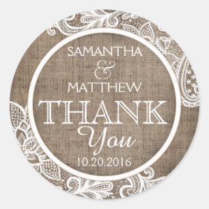 Rustic Burlap White Lace Thank You Label