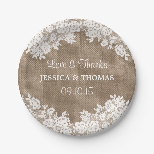 Rustic Burlap & White Lace Wedding Paper Plates (Front)