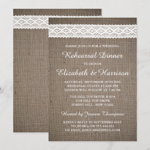 Rustic Burlap, White Lace Wedding Rehearsal Dinner Invitation