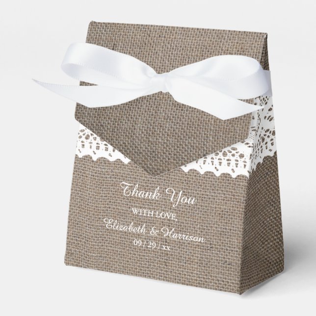 Rustic Burlap & White Lace Wedding Thank You Favor Box (Front Side)