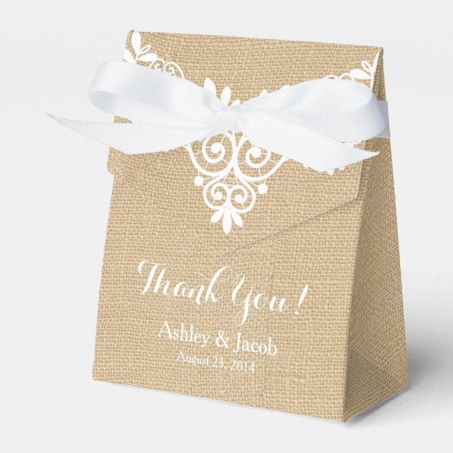 Rustic Burlap White Lace Wedding Thank You Favor Box (Front Side)