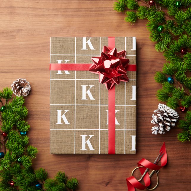 Rustic Burlap White Monogram Christmas Wrapping Paper (Holiday Gift)