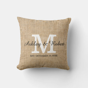 Rustic Burlap White Monogram Wedding Keepsake Throw Pillow