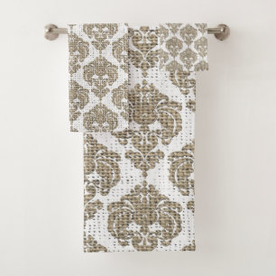 Rustic Burlap & White Royal Glam Damask Bath Towel Set