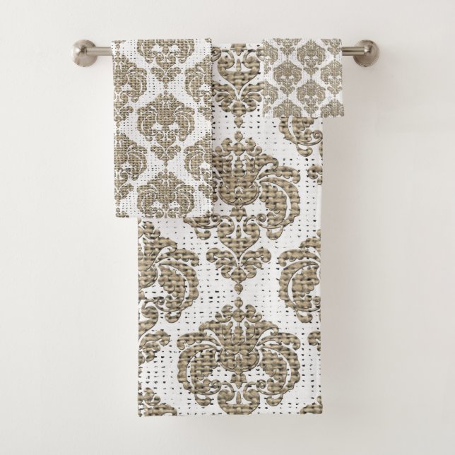 Rustic Burlap & White Royal Glam Damask Bath Towel Set (Insitu)