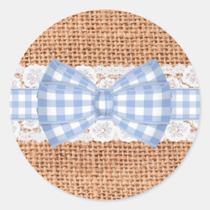 Rustic Burlap with Blue Gingham Wedding Classic Round Sticker