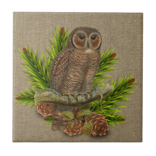 Rustic Burlap with Owl and Pine Tree Branch  Tile