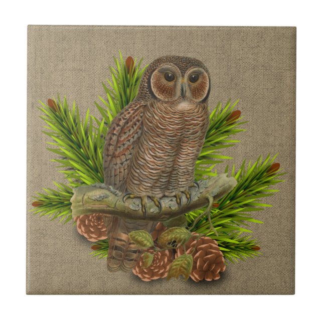 Rustic Burlap with Owl and Pine Tree Branch  Tile (Front)