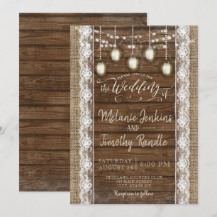 Rustic Burlap Wood Lace Wedding Invitations