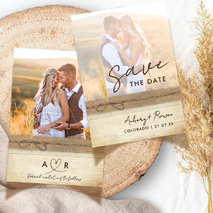 Rustic Burlap Wood Pampass Grass Boho Photo Save The Date