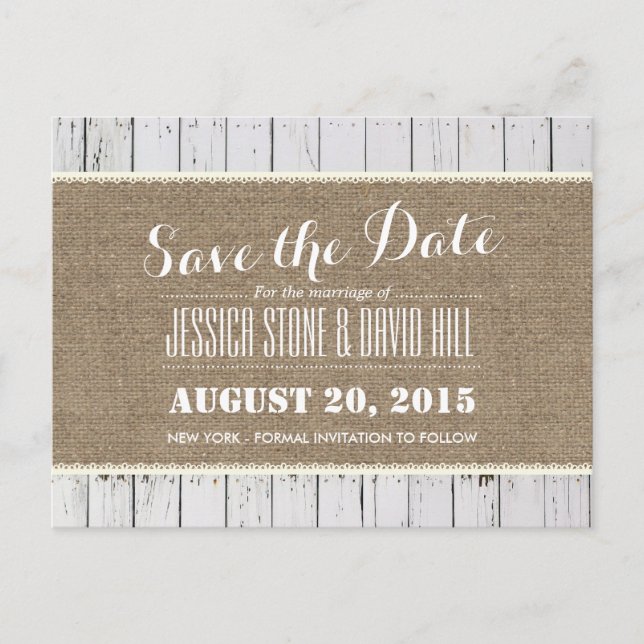 Rustic Burlap & Wood Stripes Wedding Save the Date Announcement Postcard (Front)