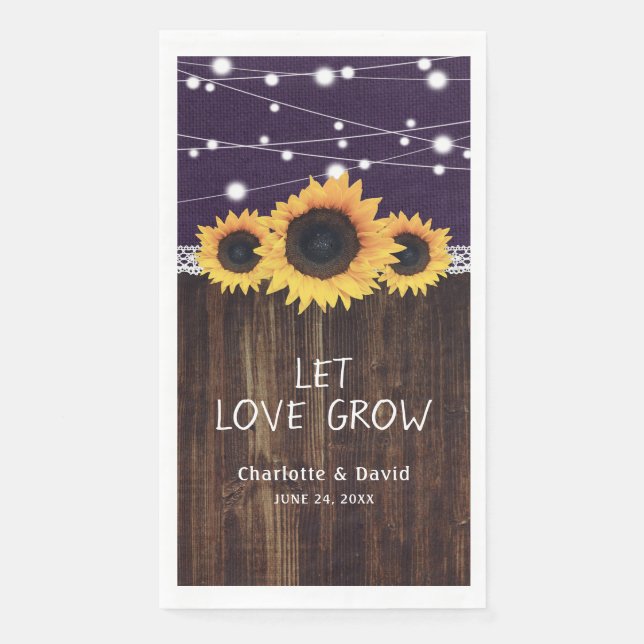 Rustic Burlap Wood Sunflower Purple Wedding Napkin (Front)