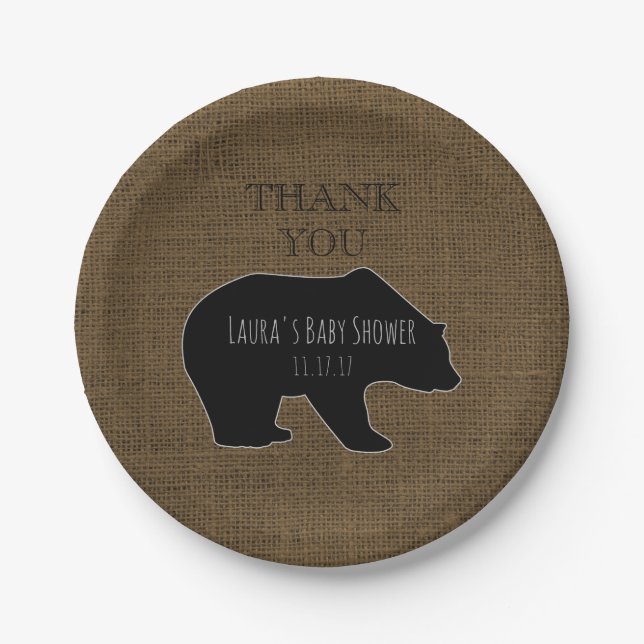 Rustic Burlap | Woodland Boy Baby Shower Paper Plate (Front)