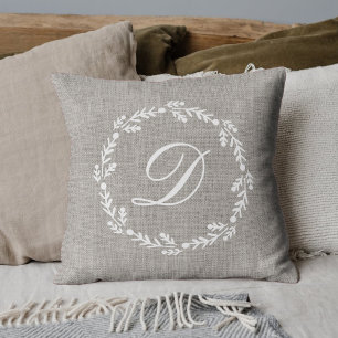 Rustic Burlap Wreath Monogrammed Throw Pillow