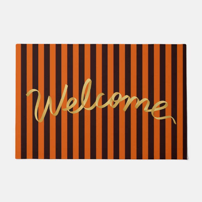 Rustic Burnt Orange and Black Stripes Autumn  Doormat (Front)