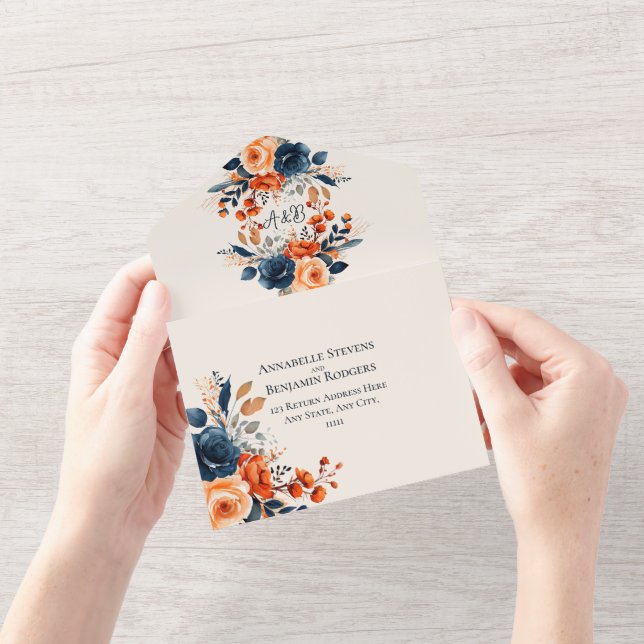 Rustic Burnt Orange and Blue Floral Wedding All In One Invitation (Opening)