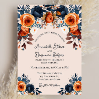 Rustic Burnt Orange and Blue Floral Wedding Invitation