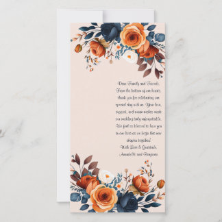 Rustic Burnt Orange and Blue Wedding Bookmark Thank You Card