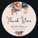 Rustic Burnt Orange and Blue Wedding Classic Round Sticker<br><div class="desc">Make your special Wedding Announcement with this beautiful Rustic Burnt Orange and Blue Watercolor Floral Invitation!</div>