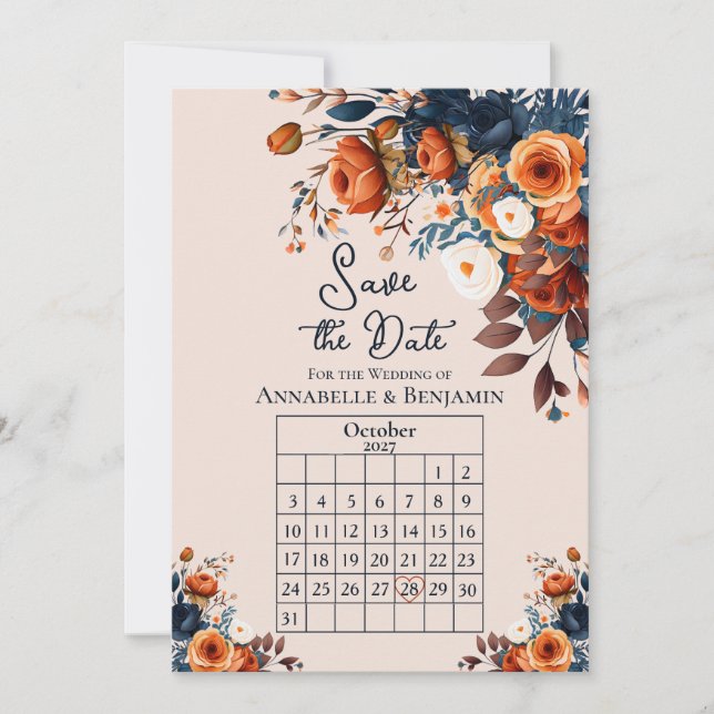 Rustic Burnt Orange and Blue Wedding Save the Date Invitation (Front)