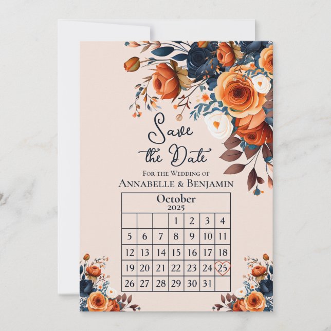 Rustic Burnt Orange and Blue Wedding Save the Date Invitation (Front)