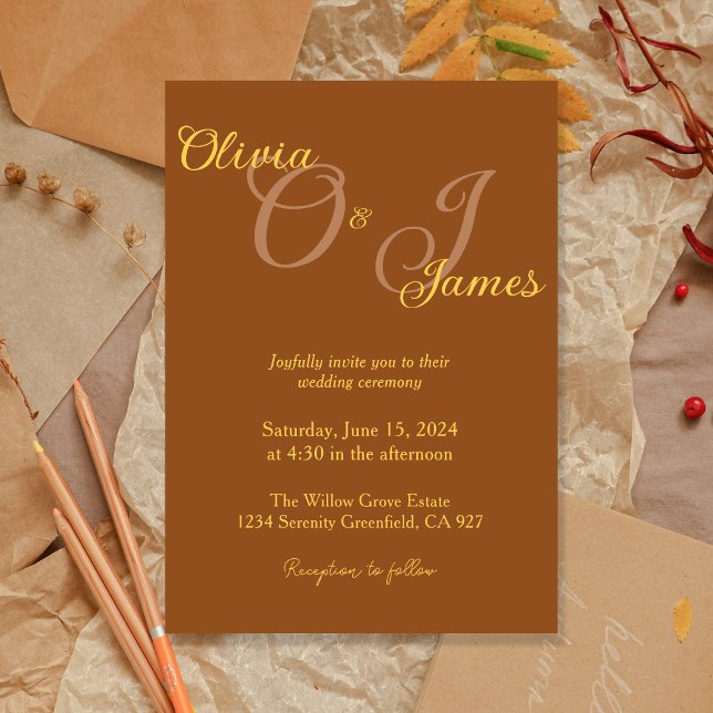 Rustic Burnt Orange and Gold Initials Wedding  Invitation (Creator Uploaded)